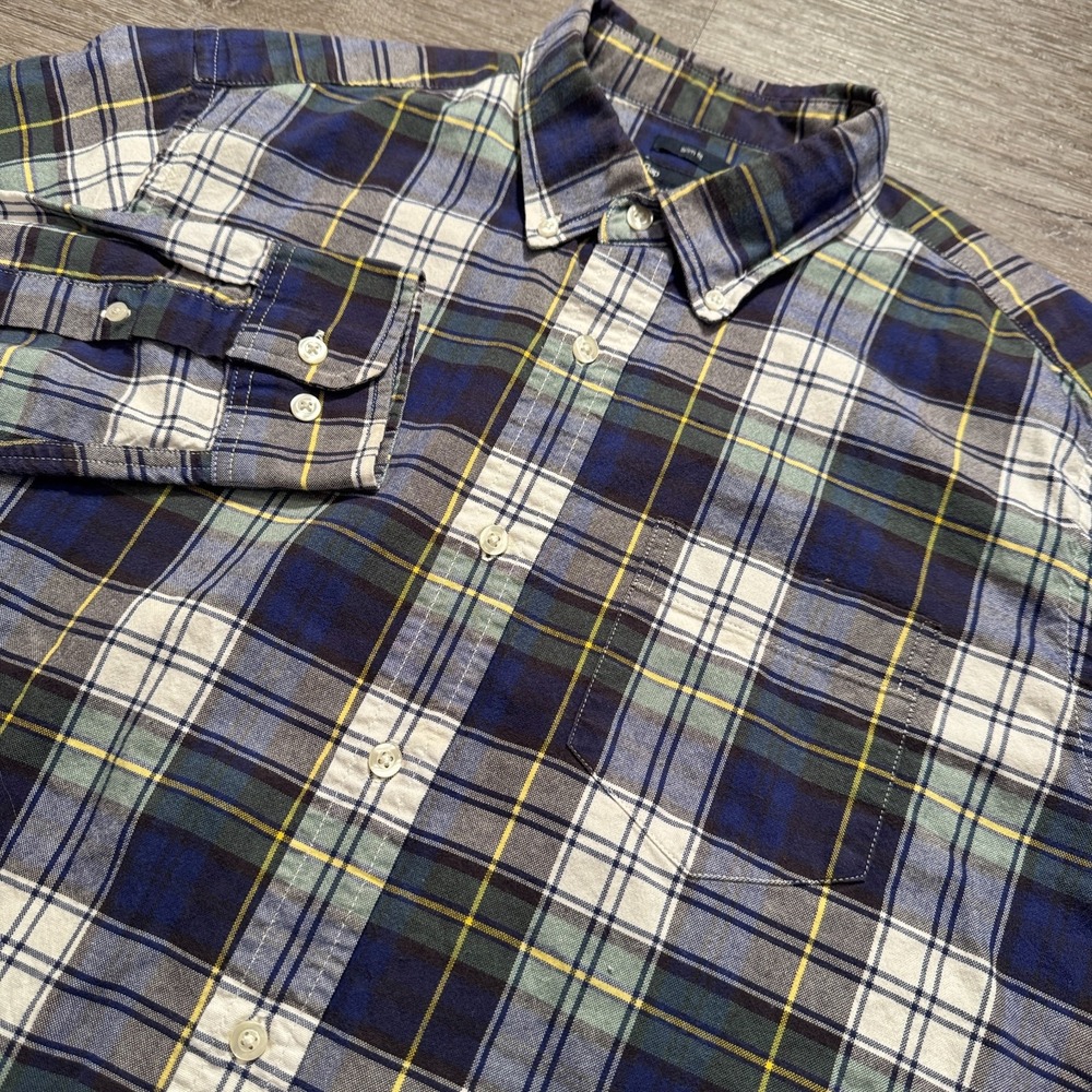 Gap Shirt Mens Large Blue Green Plaid Oxford Knit Button Up Long Sleeve Slim
